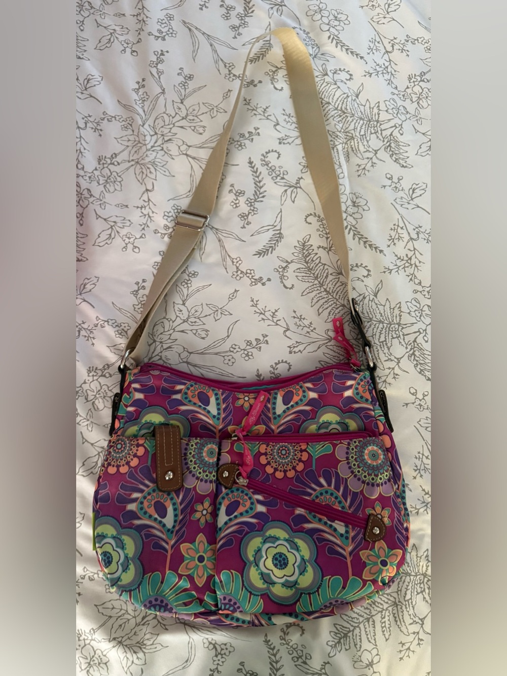 Lily Bloom Purple Floral Crossbody Bag with Teal & Pink Accents